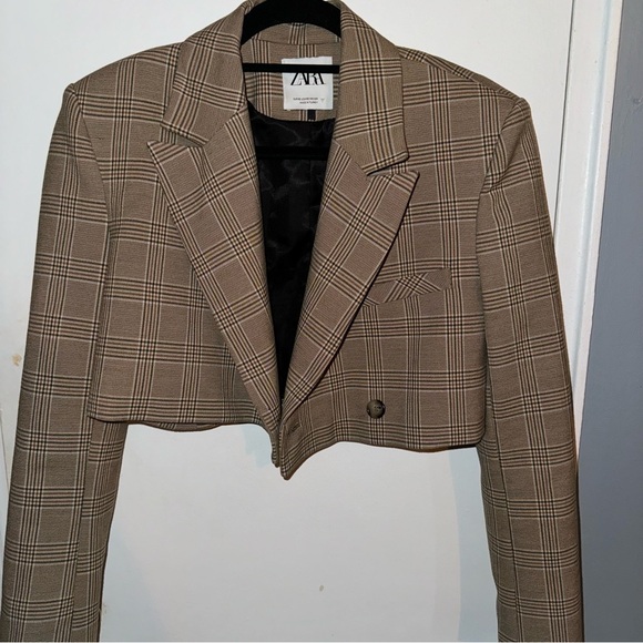 Zara Brown Plaid Cropped Jacket - Picture 1 of 3